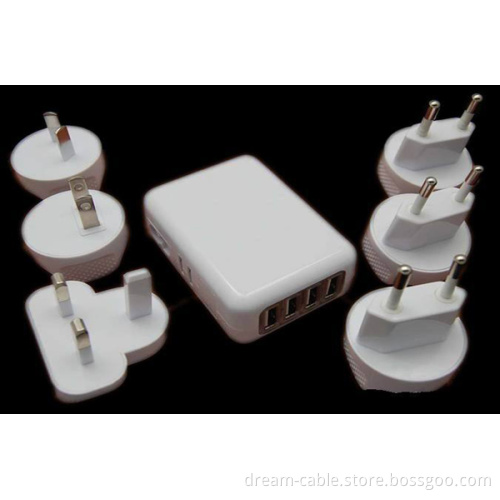 6 Plugs Interchangeable Plug Wall Charger with 4 USB Ports